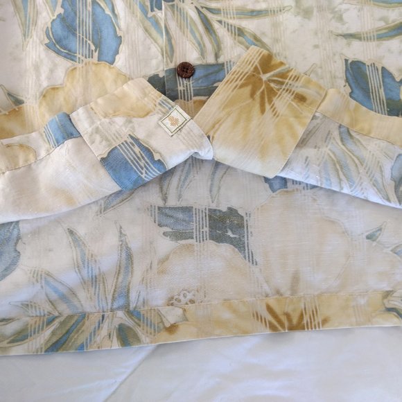 TOMMY BAHAMA Shirt L Yellow Blue Hibiscus Linen Blend Hawaiian Short Sleeve - Picture 3 of 12